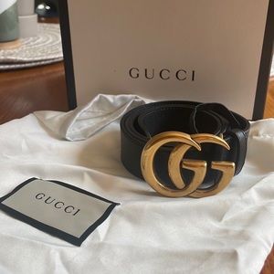 1” Black Leather Gucci Belt with Brass Double G Buckle